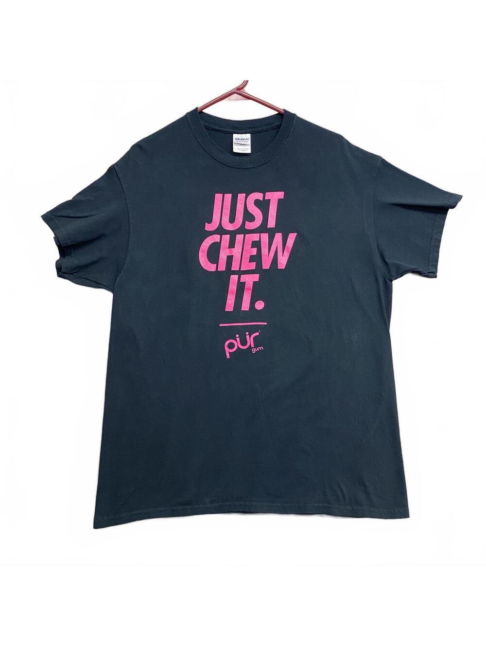 Pür Gum Just Chew It Graphic T-Shirt Black Pink On Gildan Tag Women's Size Large